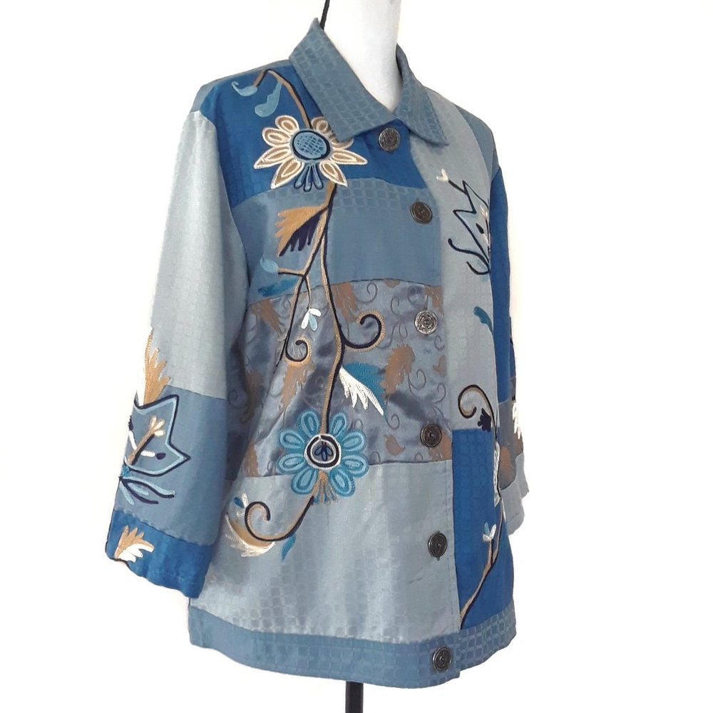 Indigo Moon Blue Patchwork Embroidered Jacket - image 3